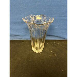 Vintage Clear Glass Floral Etched Vase 8" Tall Scalloped Edge Decorative Home Dé